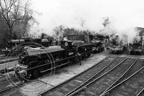 Loco line up Haworth Shed 21032024 B&W - DSCF8381