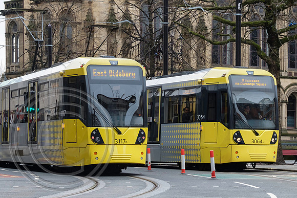 5849B - 3064 and 3117 pass outside Manchester Town Hall 26022017