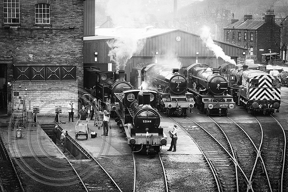 Loco line up Haworth Shed 21032024 B&W - DSCF8375